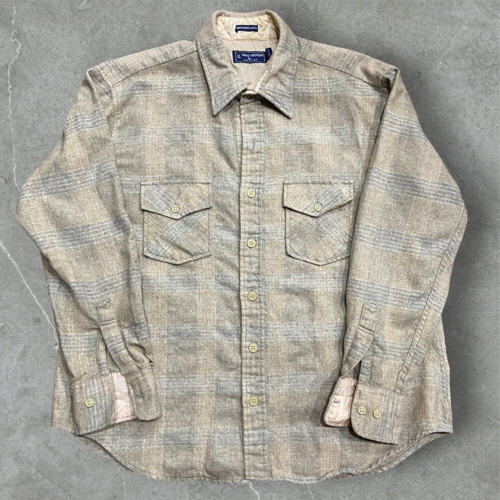 Van Heusen Winterweights Vintage 80s Tan Plaid Button Down Wool Shirt Men's XL